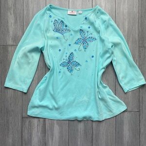Quacker Factory Turquoise Butterfly Top Embroidered Rhinestones Beaded Sequin